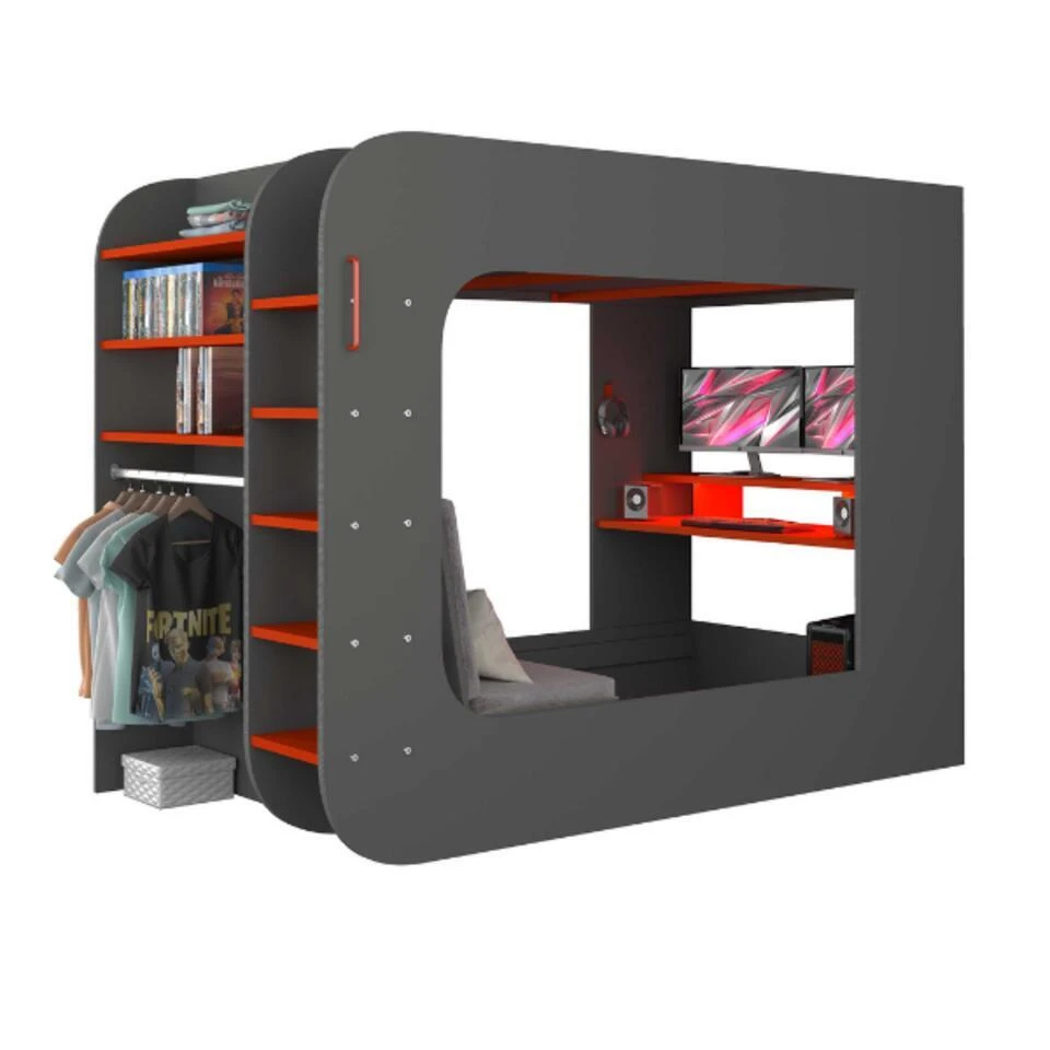 Hoogslaper Graham Met Gamebureau 120x200cm - Antraciet/rood 3 Hoogslaper Graham Met Gamebureau 120x200cm - Antraciet/rood