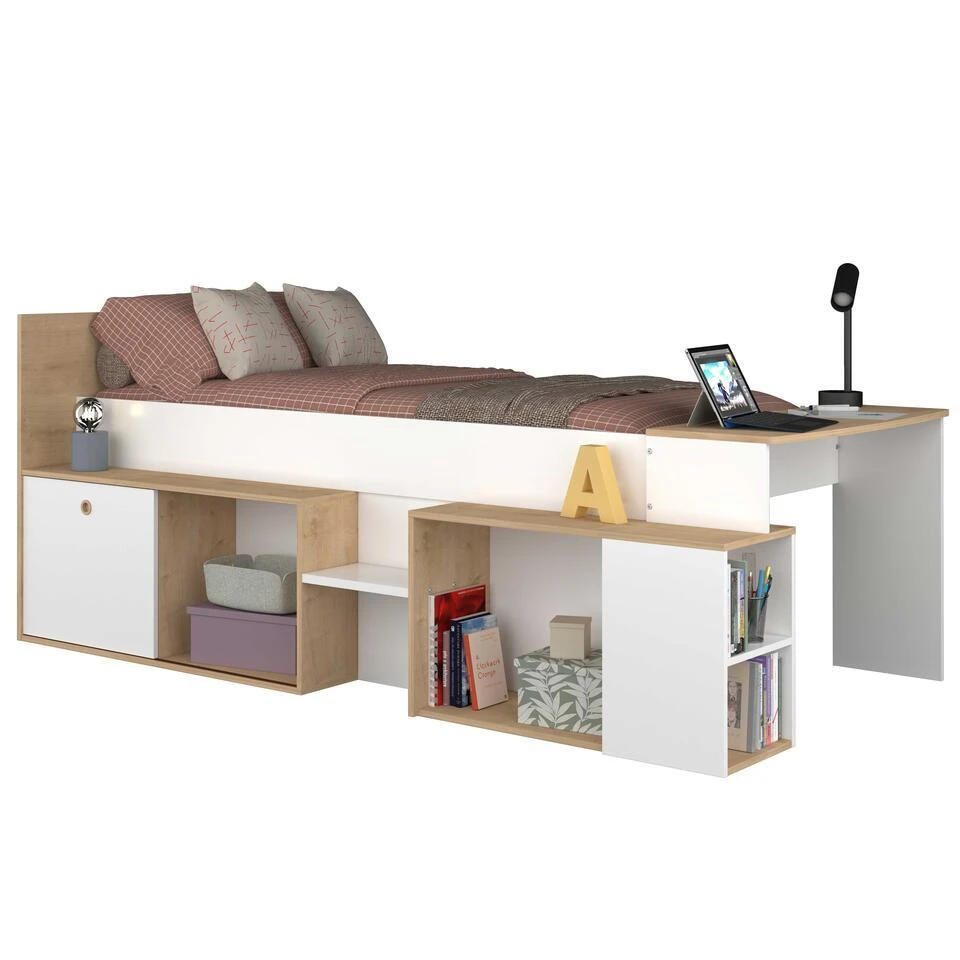 Halfhoogslaper Gaby Met Bureau - 118x239x96 Cm - Wit/eik 3 Halfhoogslaper Gaby Met Bureau - 118x239x96 Cm - Wit/eik
