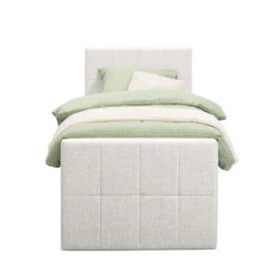 Boxspring Met Voetbord Liv Geblokt - Ecru - 90x200 Cm - Slanke Poot