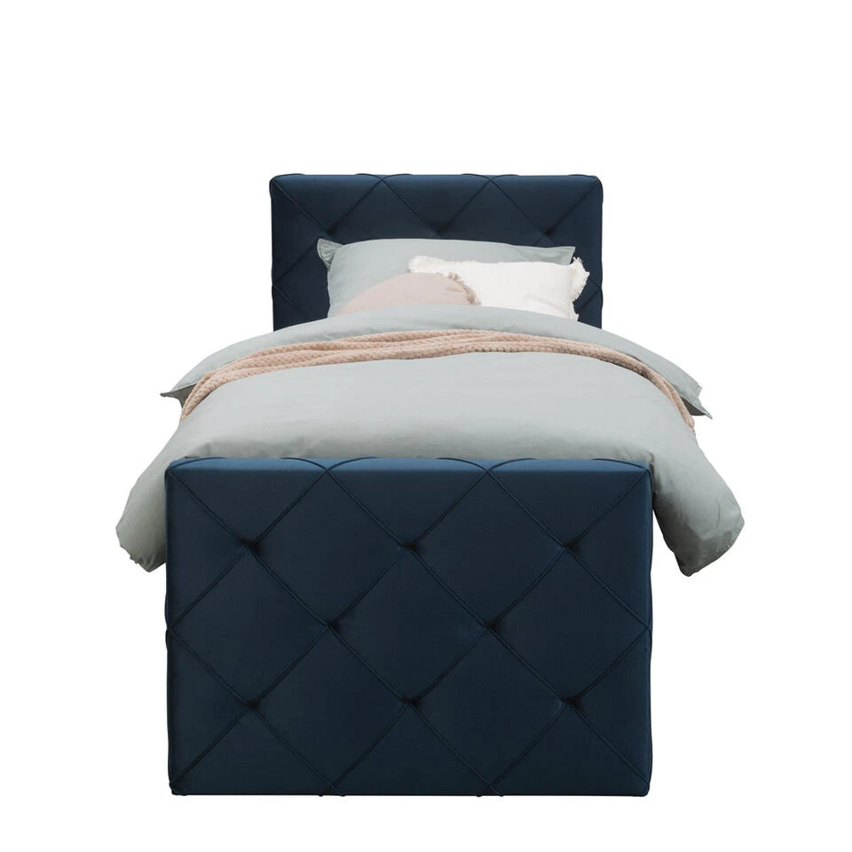 Boxspring Met Voetbord Liv Geruit - Blauw - 90x200 Cm - Vierkante Poot 3 Boxspring Met Voetbord Liv Geruit - Blauw - 90x200 Cm - Vierkante Poot