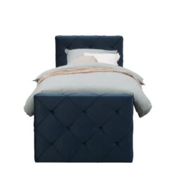 Boxspring Met Voetbord Liv Geruit - Blauw - 90x200 Cm - Slanke Poot