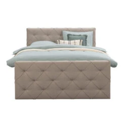 Boxspring Met Voetbord Liv Geruit - Beige - 140x200 Cm - Ronde Poot