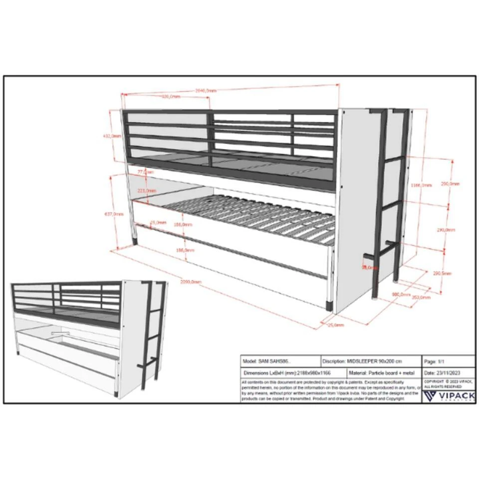 Halfhoogslaper Sammie 90x200cm Met 2 Slaapplaatsen, Bedlade En Bureau - Wit 9 Halfhoogslaper Sammie 90x200cm Met 2 Slaapplaatsen, Bedlade En Bureau - Wit - Afbeelding 7
