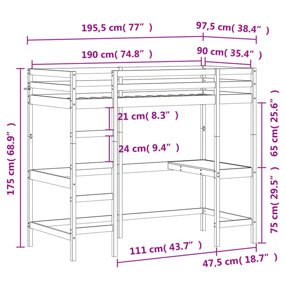 VidaXL - Hoogslaper Met Bureau - Wit - Massief Grenenhout - 90x190 Cm 11 VidaXL - Hoogslaper Met Bureau - Wit - Massief Grenenhout - 90x190 Cm - Afbeelding 9