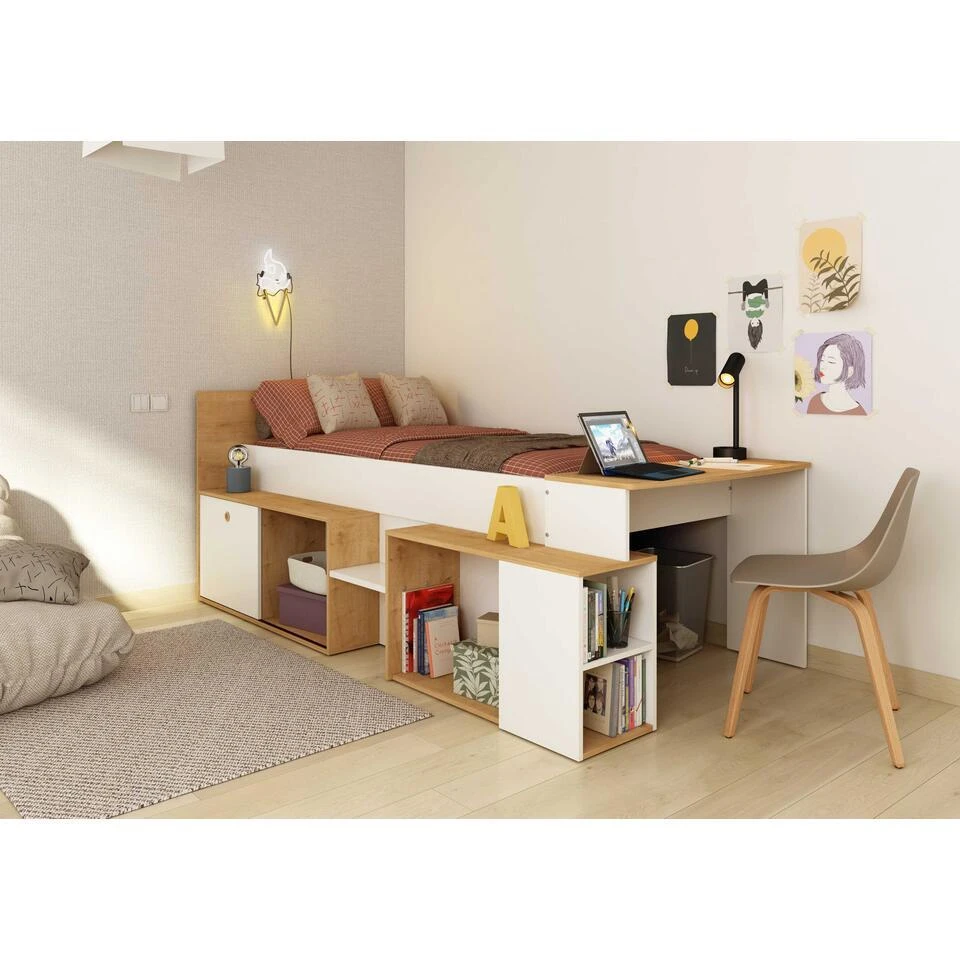 Halfhoogslaper Gaby Met Bureau - 118x239x96 Cm - Wit/eik 6 Halfhoogslaper Gaby Met Bureau - 118x239x96 Cm - Wit/eik - Afbeelding 4