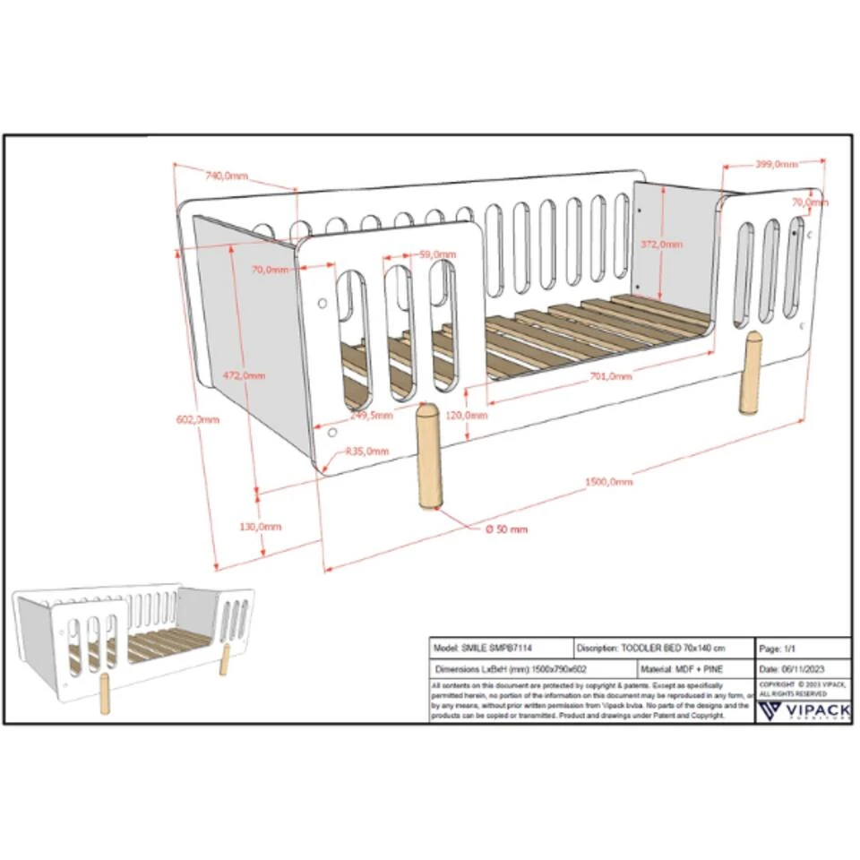 Vipack Peuterbed Smile 70x140cm - Wit/dennenhout 6 Vipack Peuterbed Smile 70x140cm - Wit/dennenhout - Afbeelding 4