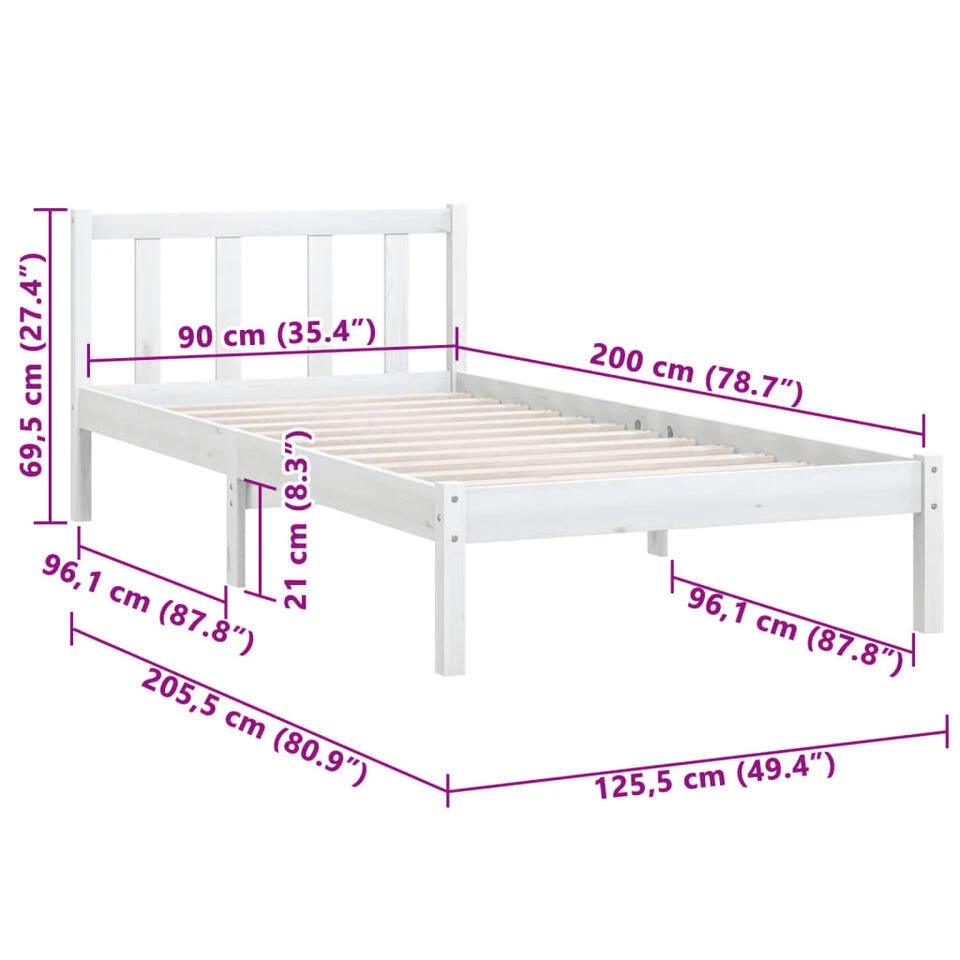 VidaXL - Bed Frame Met Hoofdeinde - Wit - Massief Grenenhout - 90x200 Cm 10 VidaXL - Bed Frame Met Hoofdeinde - Wit - Massief Grenenhout - 90x200 Cm - Afbeelding 8