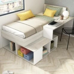 Bed Quinn 90x200 Cm Met Bureau En Opbergruimte - Grenen/ Wit -Bedden Bij Leen Bakker cc6d492392274dc0944caf82b3f56f49