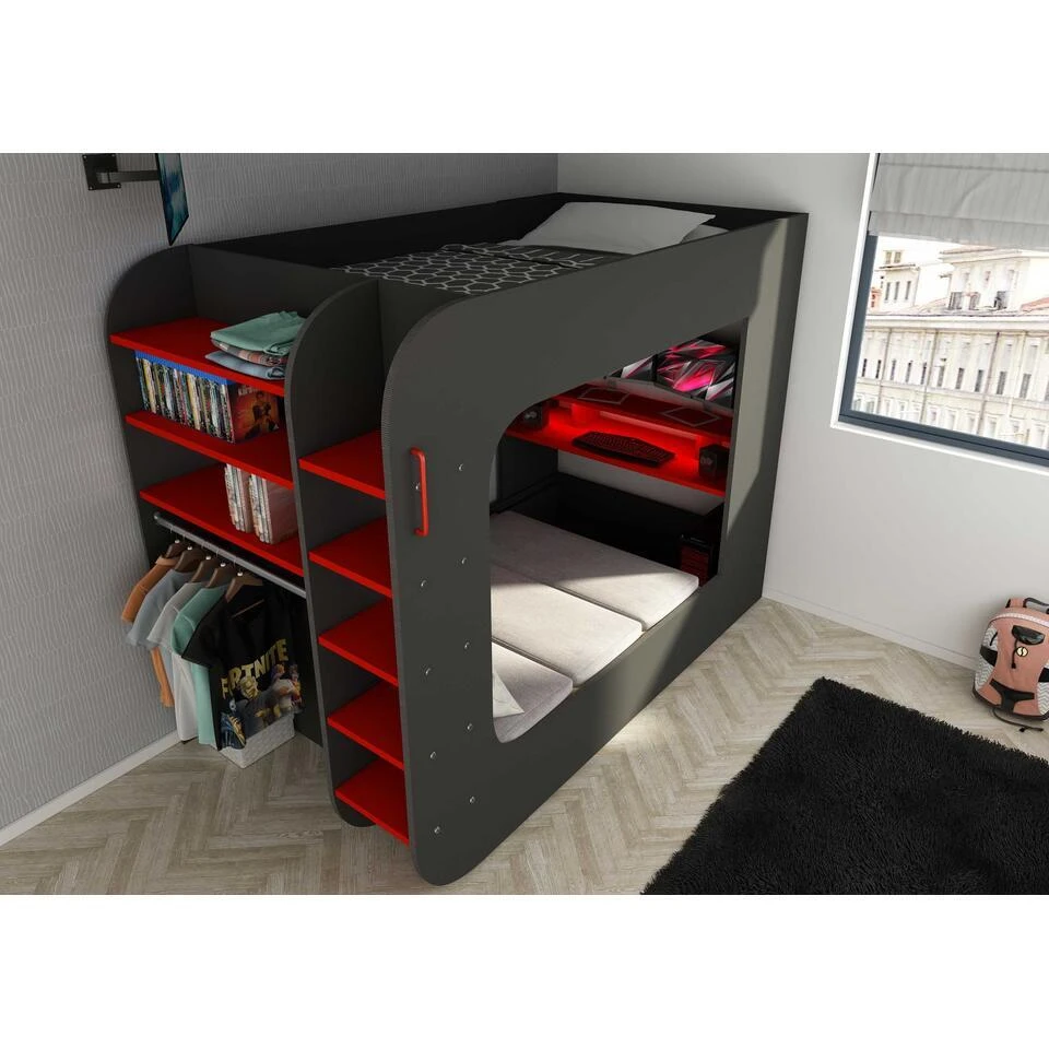 Hoogslaper Graham Met Gamebureau 120x200cm - Antraciet/rood 5 Hoogslaper Graham Met Gamebureau 120x200cm - Antraciet/rood - Afbeelding 3