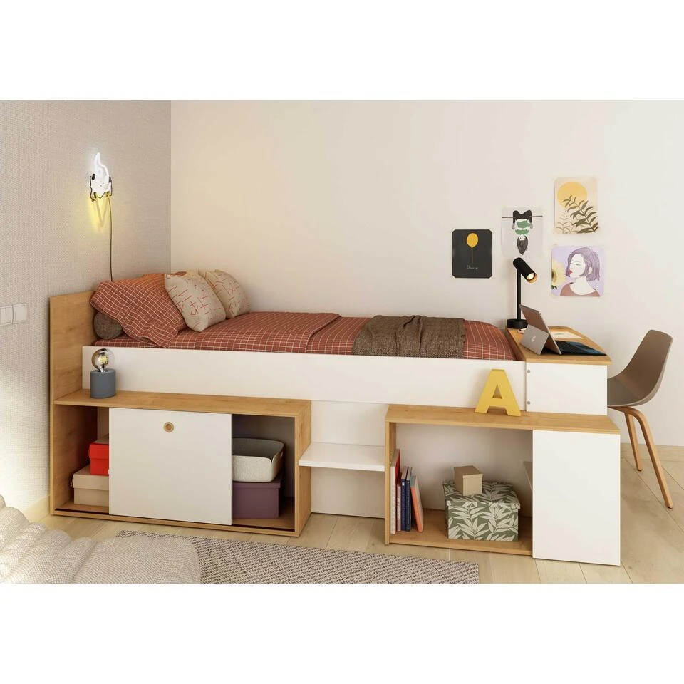 Halfhoogslaper Gaby Met Bureau - 118x239x96 Cm - Wit/eik 4 Halfhoogslaper Gaby Met Bureau - 118x239x96 Cm - Wit/eik - Afbeelding 2