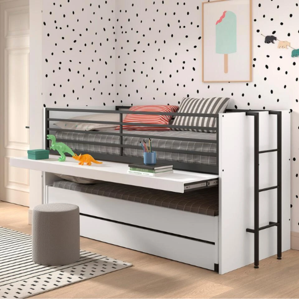 Halfhoogslaper Sammie 90x200cm Met 2 Slaapplaatsen, Bedlade En Bureau - Wit 4 Halfhoogslaper Sammie 90x200cm Met 2 Slaapplaatsen, Bedlade En Bureau - Wit - Afbeelding 2