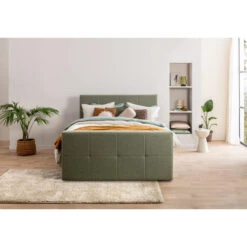Boxspring Met Voetbord Liv Geblokt - Groen - 140x200 Cm - Ronde Poot -Bedden Bij Leen Bakker sf 12848951 9050